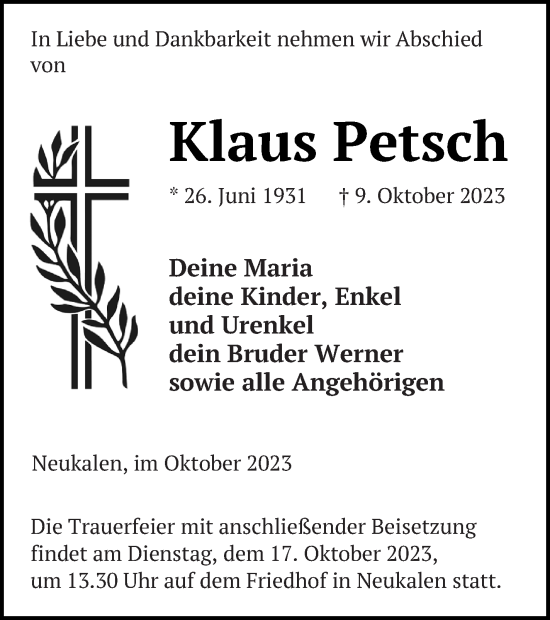 Traueranzeige von Klaus Petsch von Mecklenburger Schweiz