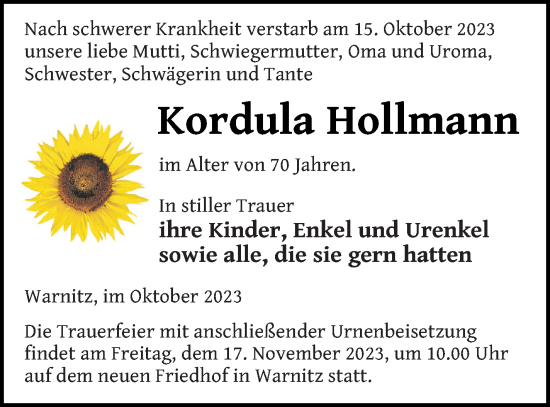 Traueranzeige von Kordula Rollmann von Prenzlauer Zeitung