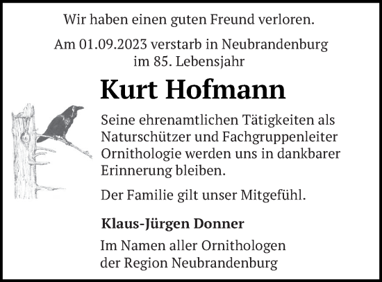 Traueranzeige von Kurt Hofmann von Neubrandenburger Zeitung