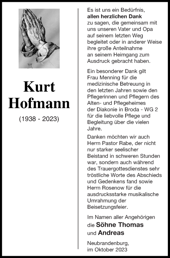 Traueranzeige von Kurt Hofmann von Neubrandenburger Zeitung