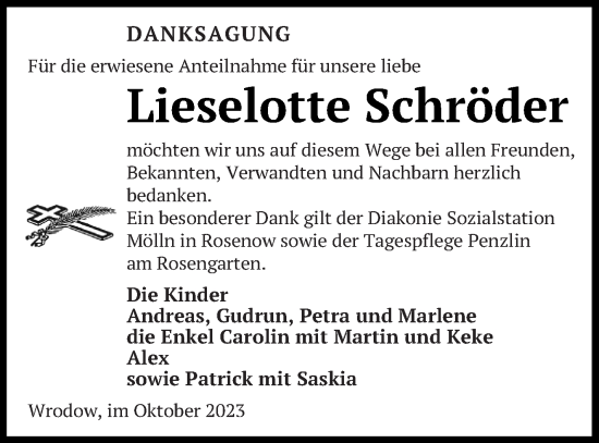 Traueranzeige von Lieselotte Schröder von Müritz-Zeitung