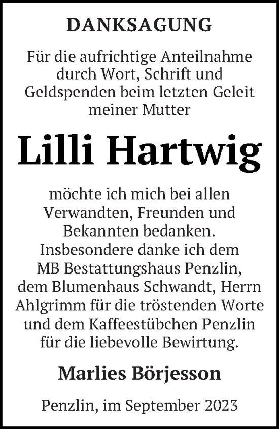 Traueranzeige von Lilli Hartwig von Müritz-Zeitung