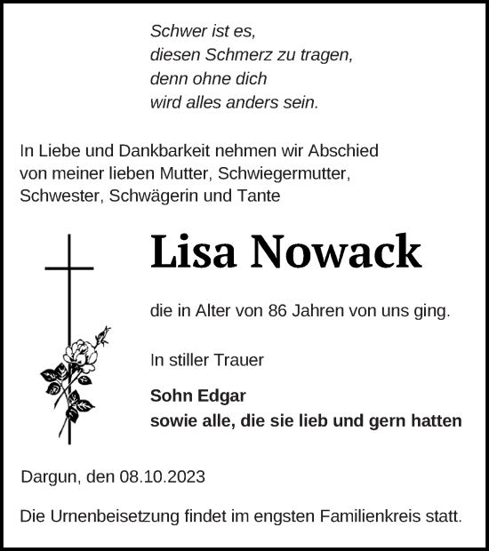 Traueranzeige von Lisa Nowack von Mecklenburger Schweiz