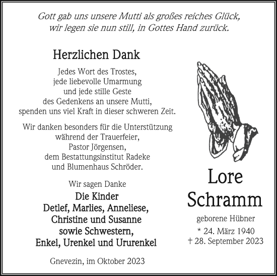 Traueranzeige von Lore Schramm von Vorpommern Kurier