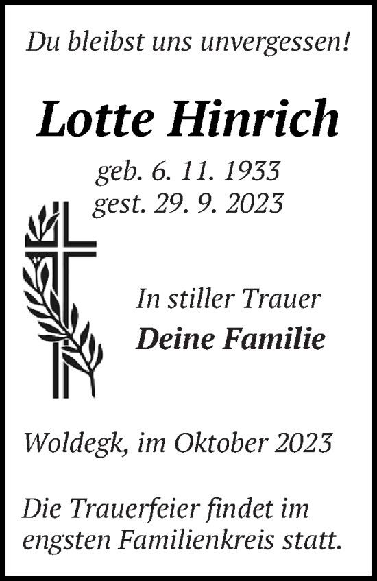 Traueranzeige von Lotte Hinrich von Strelitzer Zeitung