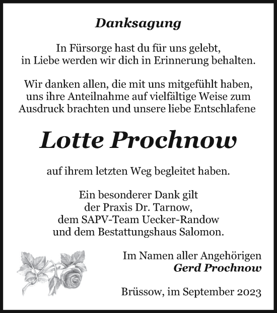 Traueranzeige von Lotte Prochnow von Prenzlauer Zeitung