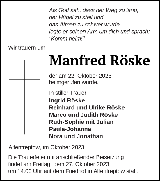 Traueranzeige von Manfred Röske von Neubrandenburger Zeitung