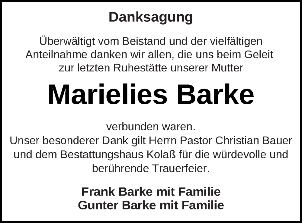  Traueranzeige für Marielies Barke vom 21.10.2023 aus Demminer Zeitung