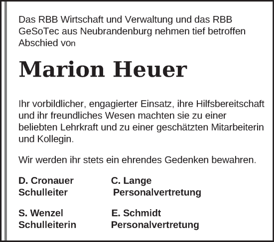 Traueranzeige von Marion Heuer von Neubrandenburger Zeitung