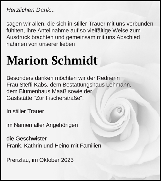 Traueranzeige von Marion Schmidt von Prenzlauer Zeitung