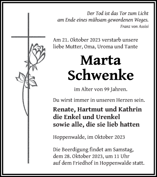Traueranzeige von Marta Schwenke von Haff-Zeitung