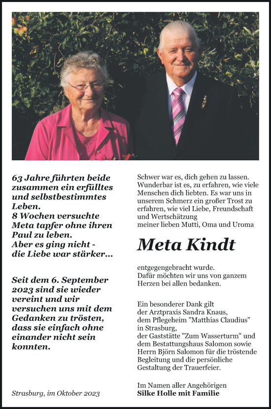 Traueranzeige von Meta Kindt von Pasewalker Zeitung