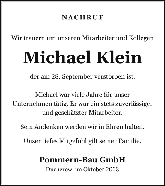 Traueranzeige von Michael Klein von Haff-Zeitung