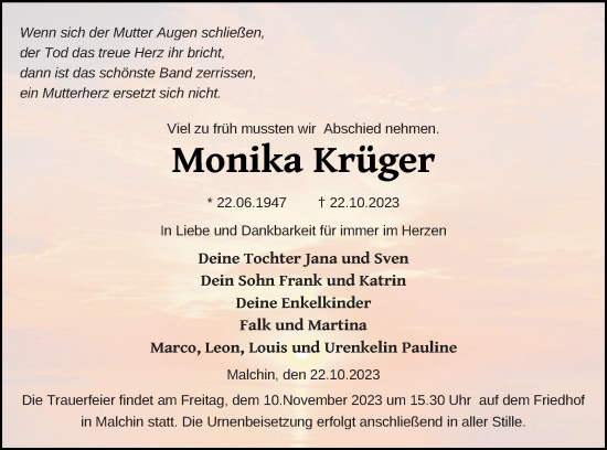 Traueranzeige von Monika Krüger von Mecklenburger Schweiz