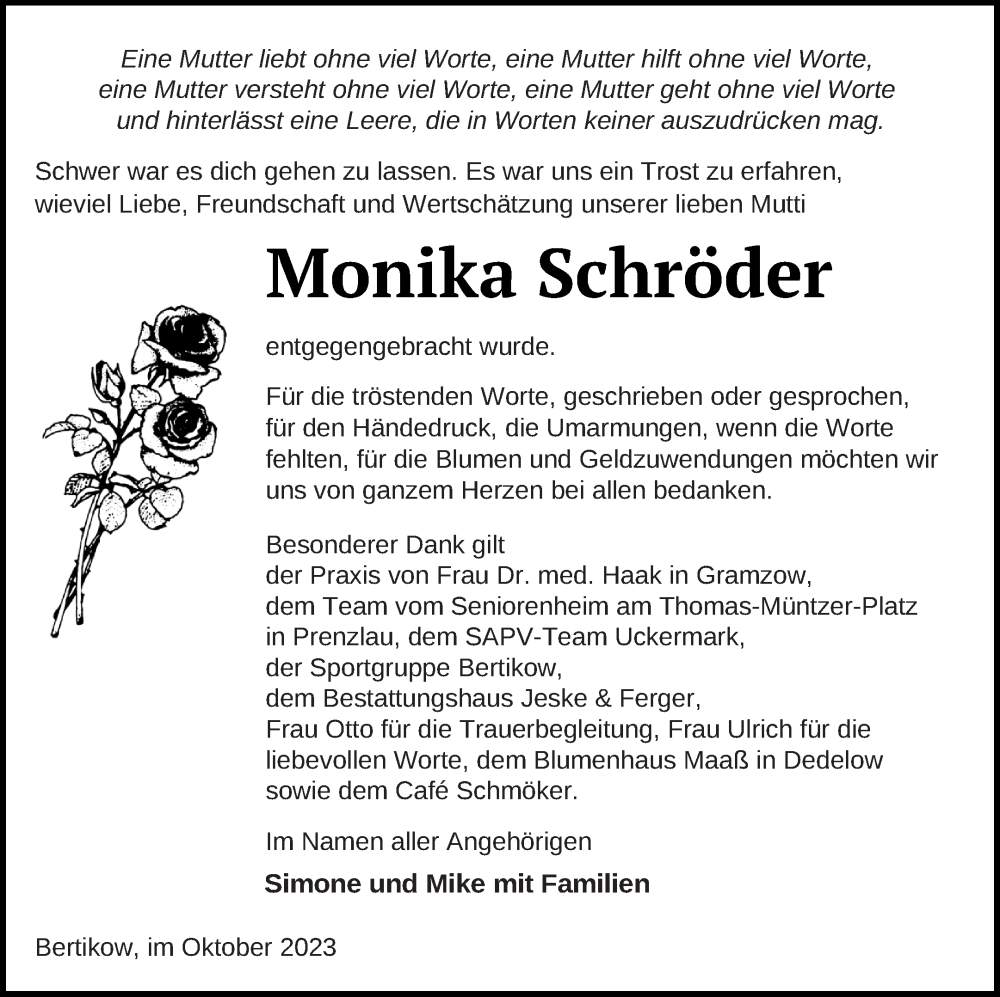  Traueranzeige für Monika Schröder vom 28.10.2023 aus Prenzlauer Zeitung