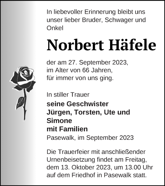 Traueranzeige von Norbert Häfele von Pasewalker Zeitung