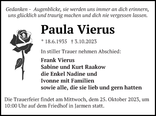 Traueranzeige von Paula Vierus von Vorpommern Kurier