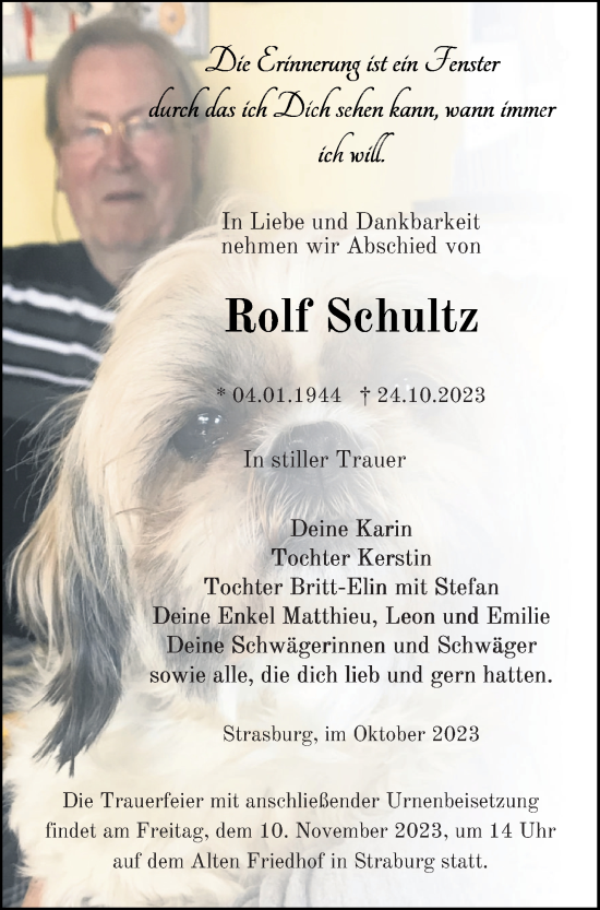 Traueranzeige von Rolf Schultz von Pasewalker Zeitung