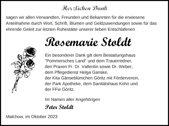 Traueranzeige von Rosemarie Stoldt von Prenzlauer Zeitung