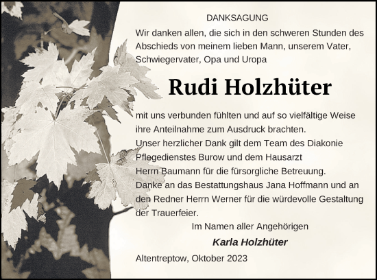 Traueranzeige von Rudi Holzhüter von Neubrandenburger Zeitung