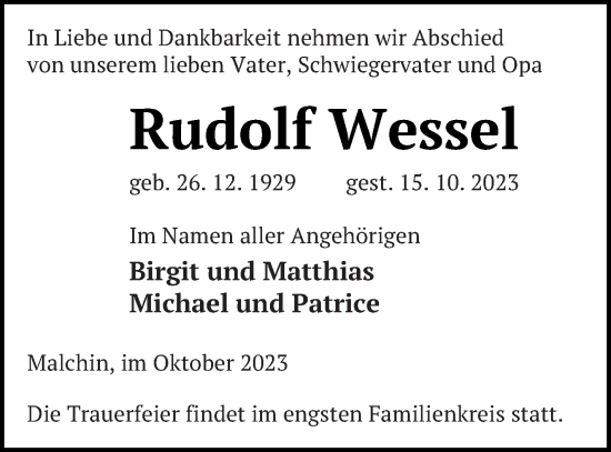 Traueranzeige von Rudolf Wessel von Mecklenburger Schweiz