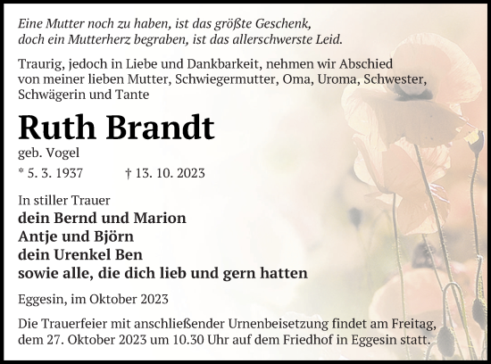 Traueranzeige von Ruth Brandt von Haff-Zeitung