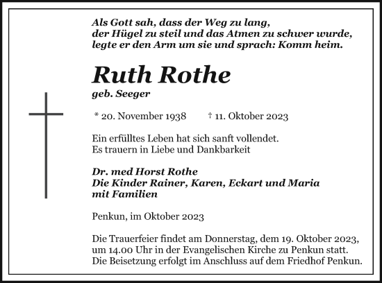 Traueranzeige von Ruth Rothe von Pasewalker Zeitung