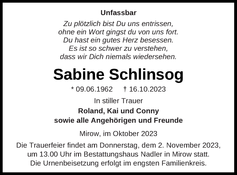  Traueranzeige für Sabine Schlinsog vom 25.10.2023 aus Strelitzer Zeitung