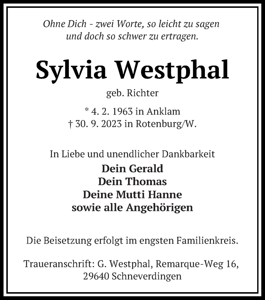  Traueranzeige für Sylvia Westphal vom 14.10.2023 aus Vorpommern Kurier