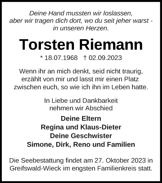 Traueranzeige von Torsten Riemann von Demminer Zeitung