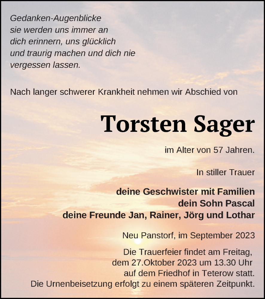  Traueranzeige für Torsten Sager vom 13.10.2023 aus Mecklenburger Schweiz