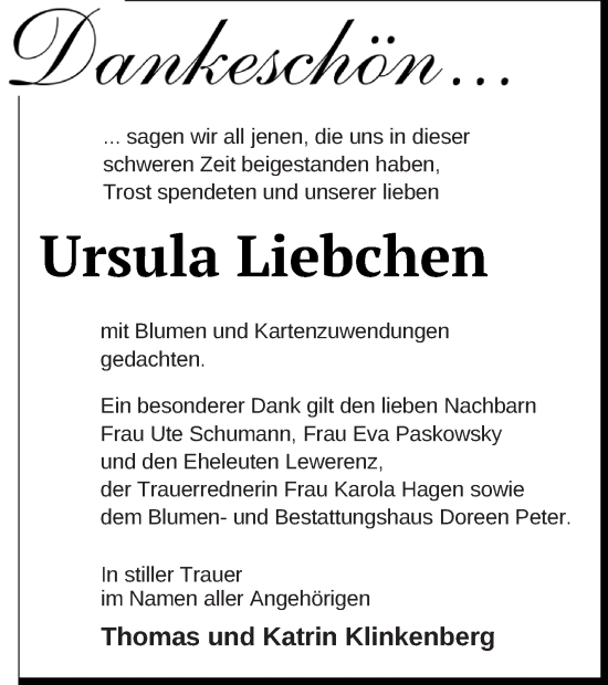 Traueranzeige von Ursula Liebchen von Neubrandenburger Zeitung