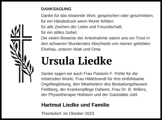 Traueranzeige von Ursula Liedke von Prenzlauer Zeitung