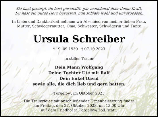 Traueranzeige von Ursula Schreiber von Haff-Zeitung