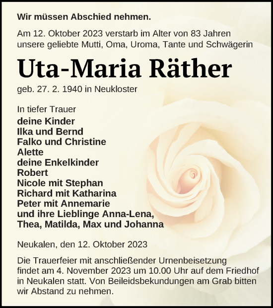 Traueranzeige von Uta-Maria Räther von Mecklenburger Schweiz