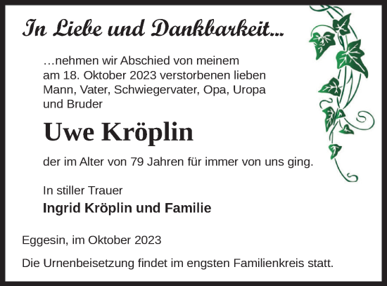 Traueranzeige von Uwe Kröplin von Haff-Zeitung