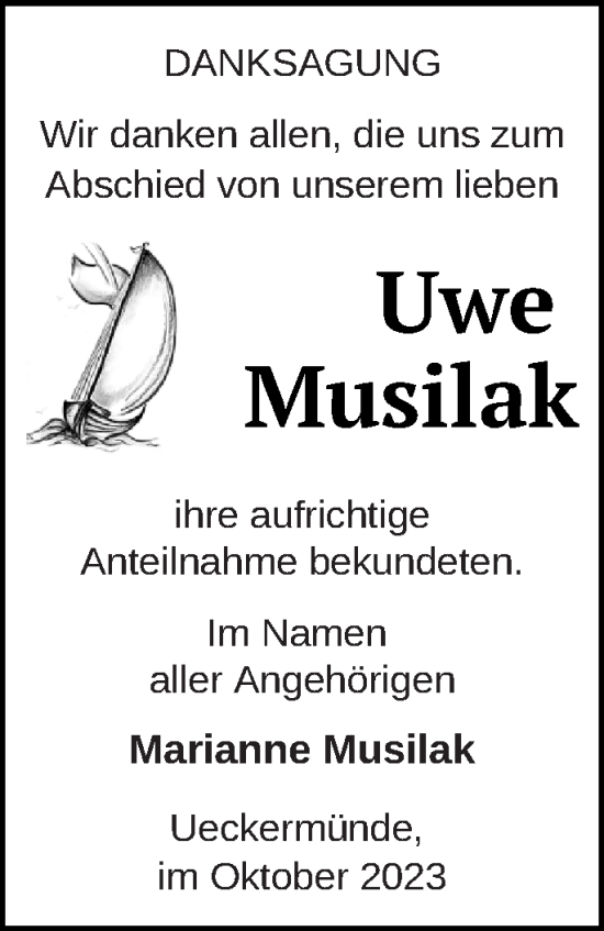 Traueranzeige von Uwe Musilak von Haff-Zeitung