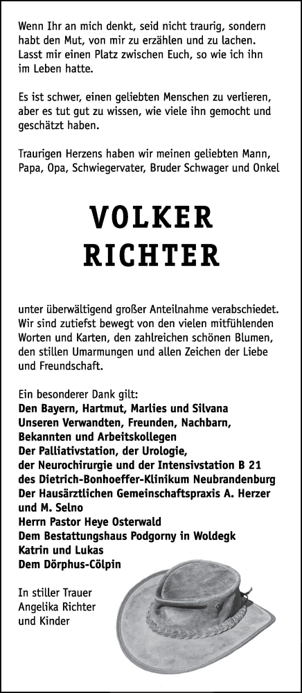 Traueranzeige von Volker Richter von Neubrandenburger Zeitung