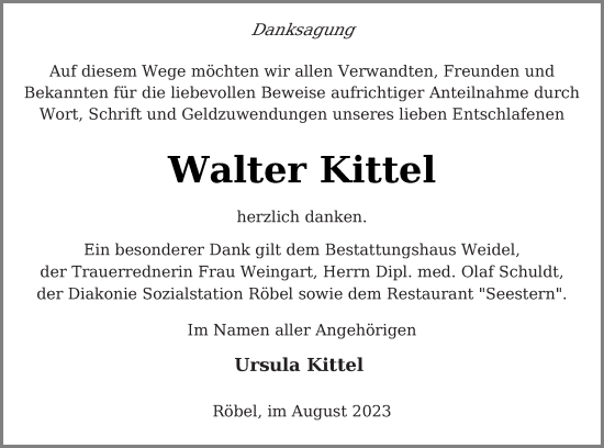 Traueranzeige von Walter Kittel von Müritz-Zeitung