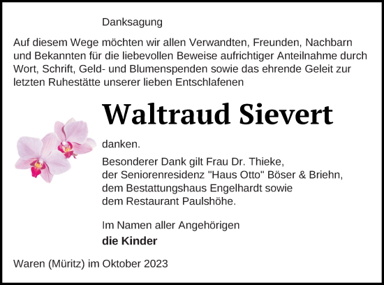 Traueranzeige von Waltraud Sievert von Müritz-Zeitung