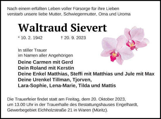 Traueranzeige von Waltraud Sievert von Müritz-Zeitung