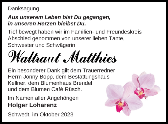 Traueranzeige von Waltraut Matthies von Prenzlauer Zeitung