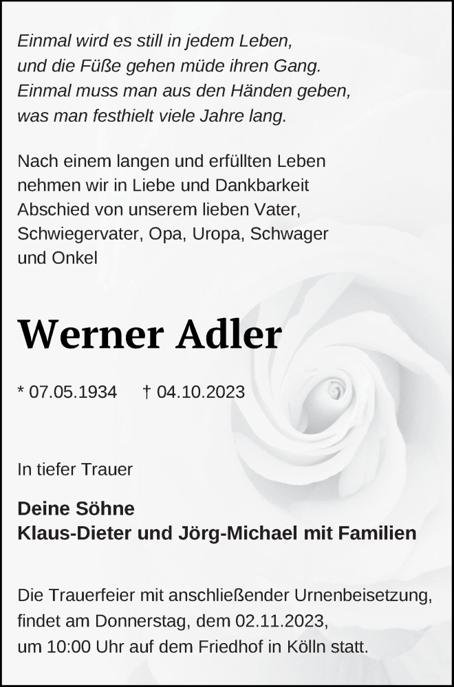  Traueranzeige für Werner Adler vom 10.10.2023 aus Neubrandenburger Zeitung