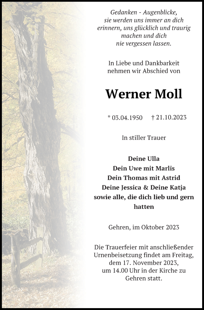  Traueranzeige für Werner Moll vom 27.10.2023 aus Pasewalker Zeitung