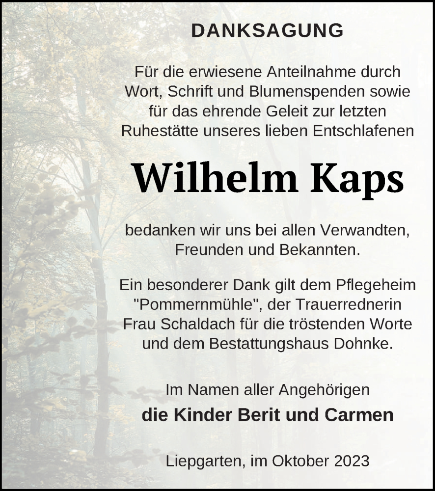  Traueranzeige für Wilhelm Kaps vom 14.10.2023 aus Haff-Zeitung
