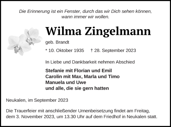 Traueranzeige von Wilma Zingelmann von Mecklenburger Schweiz