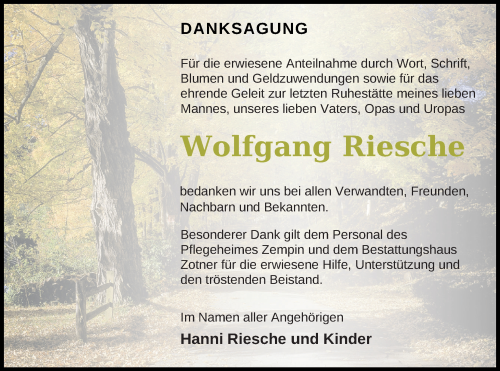  Traueranzeige für Wolfgang Riesche vom 28.10.2023 aus Vorpommern Kurier