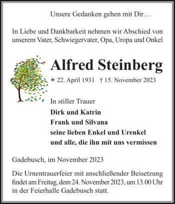 Traueranzeige von Alfred Steinberg von Gadebusch-Rehnaer Zeitung