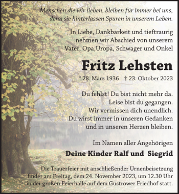 Traueranzeige von Fritz Lehsten von Güstrower Zeitung