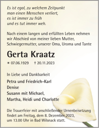 Traueranzeige von Gerta Kraatz von Der Prignitzer